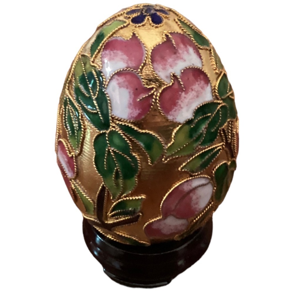 Golden Treasures Enamel Cloisonné Wire Egg Gold Pink Peony Buds Green Leaves